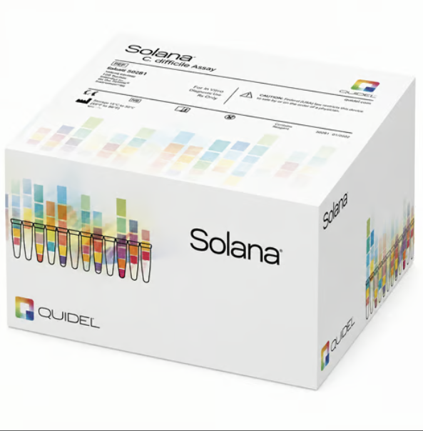 A box of Solana C. difficile Assay diagnostic kit manufactured by Quidel, labeled with REF 350281, for in vitro use only, with colorful test tube graphics on the packaging.