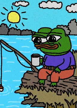 A cartoon-style illustration of Pepe the Frog character wearing sunglasses, a purple shirt, and orange pants, sitting on a rock by water while holding a coffee mug, with a fishing rod nearby, set against a backdrop of sky, clouds, and sun.
