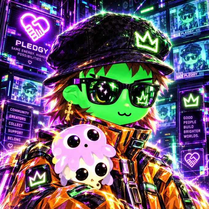 Vibrant neon-style digital artwork featuring a green-skinned cartoon character wearing sunglasses and a helmet, surrounded by 'PLEDGY' branded UI elements reading 'SAME ENERGY. HIGHER POSSIBILITIES' and 'GOOD PEOPLE BUILD BRIGHTER WORLDS.'