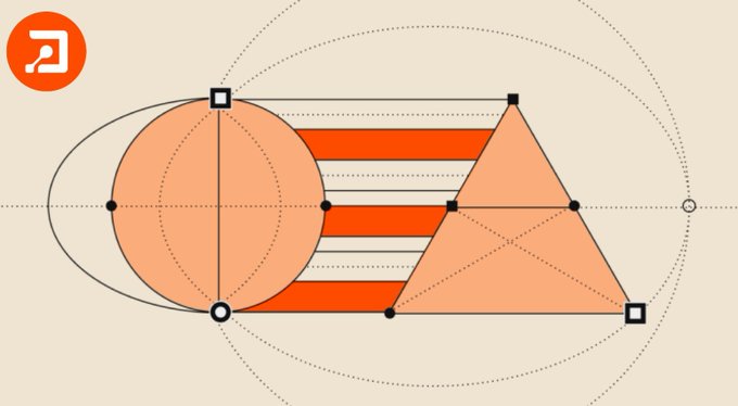 An abstract geometric design featuring a peach-colored circle and triangle connected by horizontal orange stripes on a cream background, with an orange 'a' logo in the top left corner.