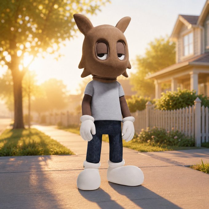 A 3D-rendered character resembling Sonic the Hedgehog wearing a brown balaclava-style mask, gray t-shirt, jeans, and white cartoon gloves and shoes, standing on a sunny suburban sidewalk at sunset.