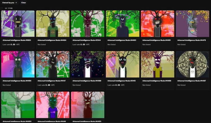 The image displays a user's NFT collection page on Treenet, featuring 15 owned "Arboreal Intelligence Node" tokens (numbered #26523 through #46651) with various sale statuses showing 0.09 ETH last sold prices on some items. This collection directly relates to the post, which claims the user received 10 free Arboreal Intelligence NFTs from holding Blotters by @arbovonderwald and purchased 5 more on the secondary market.