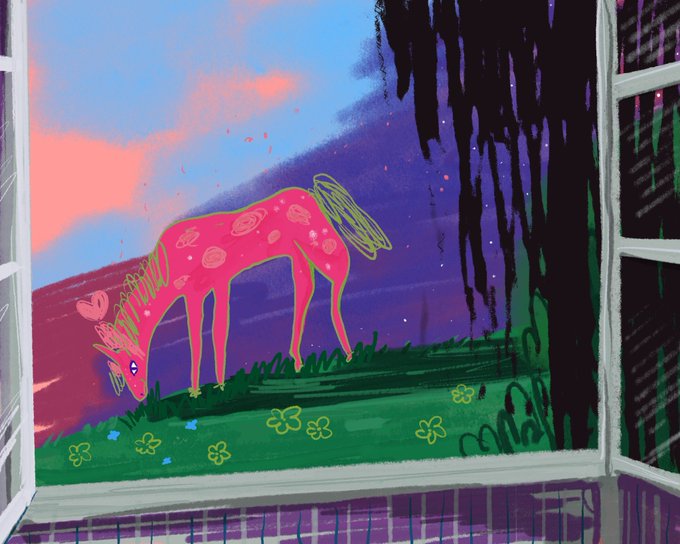 A child's painting visible through an open window shows a pink giraffe-like creature grazing in a green field beneath a pink and blue sky.