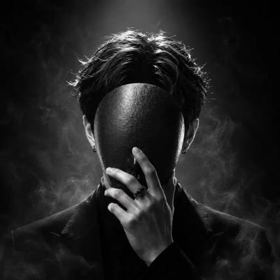 A dramatic black-and-white photograph of a man in a suit whose face is obscured by a large dark oval, holding his hand up near his face against a smoky background.