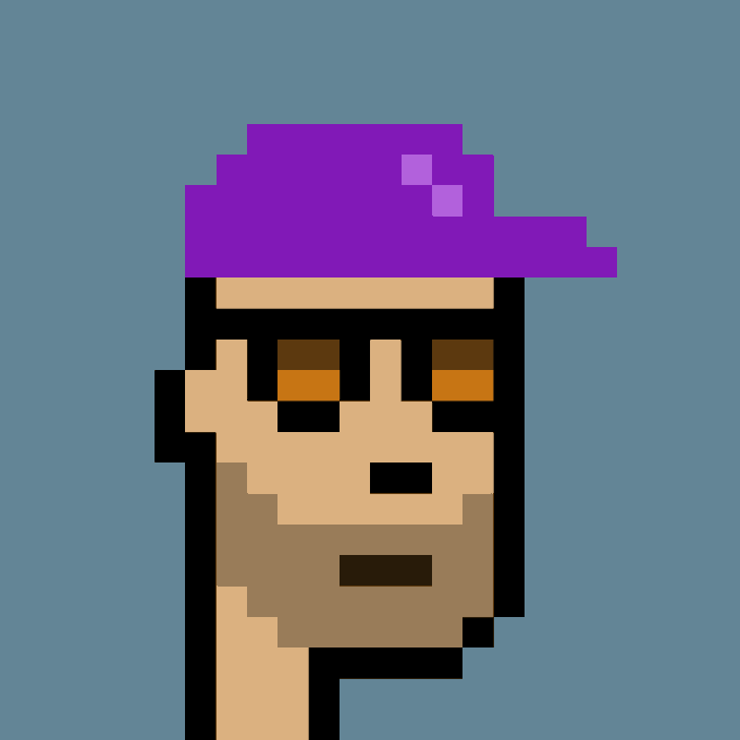 Pixel art portrait of CryptoPunk #5034, featuring a character with a purple bandana, brown eyes, and stubble, shown against a blue background. The image visually represents the specific punk referenced in the purchase transaction noted in the caption.