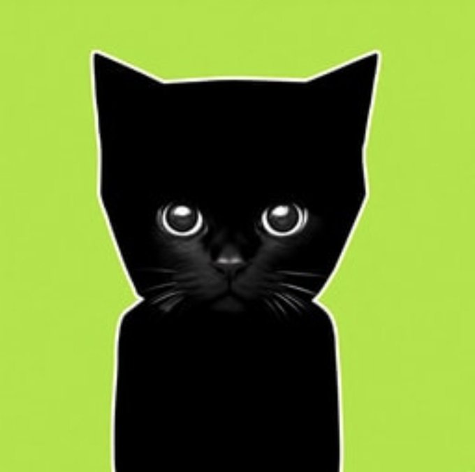 A stylized illustration of a black kitten with large, round eyes staring directly forward against a green background.