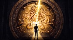 A silhouette of a person stands before a large, ornate golden portal illuminated by a beam of light from above in a dark, dramatic setting.