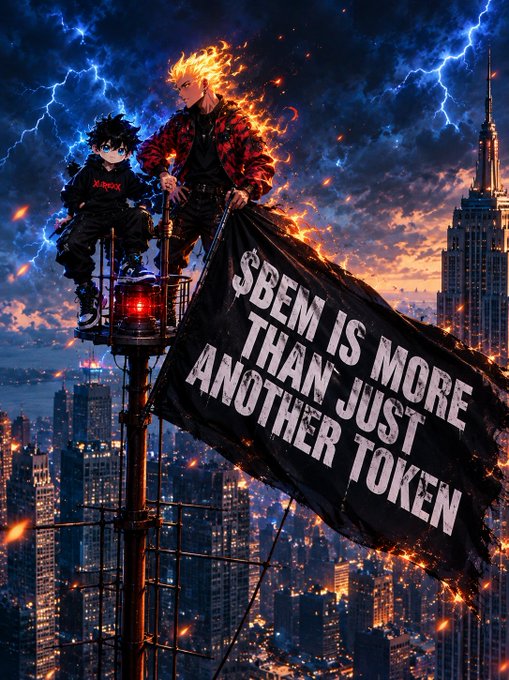 An anime-style rooftop scene shows one character wreathed in fire above a city skyline, with a black banner reading “$BEM IS MORE THAN JUST ANOTHER TOKEN.”