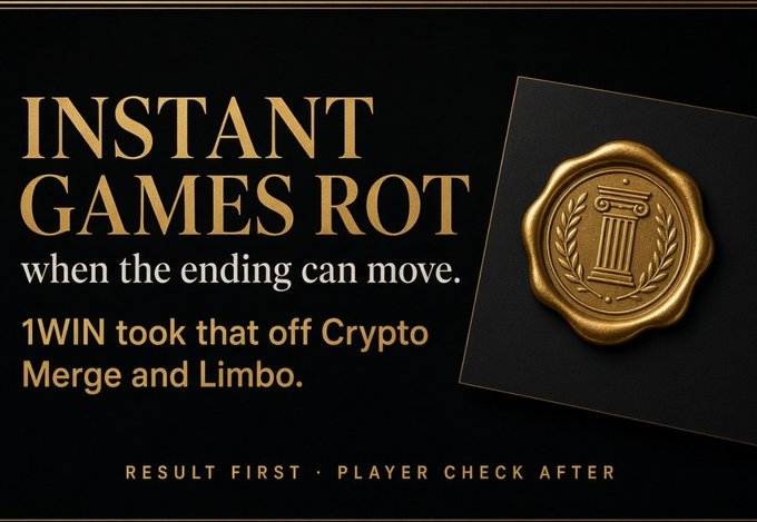 Promotional graphic with gold lettering reading 'INSTANT GAMES ROT when the ending can move. 1WIN took that off Crypto Merge and Limbo. RESULT FIRST · PLAYER CHECK AFTER' beside a gold wax seal emblem.