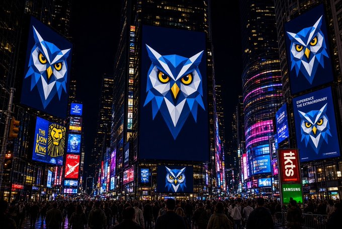 Times Square billboards display large blue owl logos amid advertisements for The Lion King and other shows, with crowds of people filling the street below.