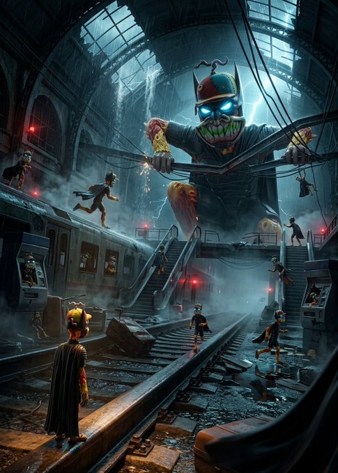 Dark, stylized digital artwork showing a large demonic clown figure with glowing eyes in an abandoned subway station, with smaller caped figures in the foreground.