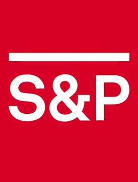 The image displays the S&P logo in white lettering on a red background, representing S&P Dow Jones Indices—the company mentioned in the breaking news about potentially tokenizing S&P 500 options on the blockchain.