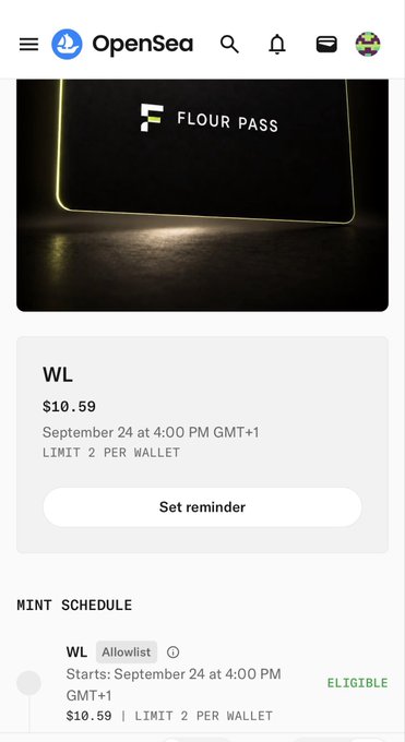 An OpenSea NFT page displaying a 'Flour Pass' with a WL (whitelist) price of $10.59 and a mint schedule starting September 24 at 4:00 PM GMT+1.