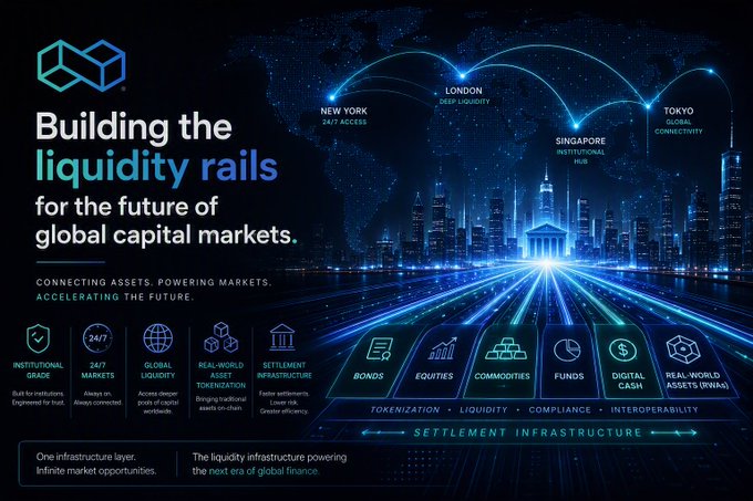 A corporate infographic titled 'Building the liquidity rails for the future of global capital markets,' highlighting markets like New York, London, Singapore, and Tokyo.