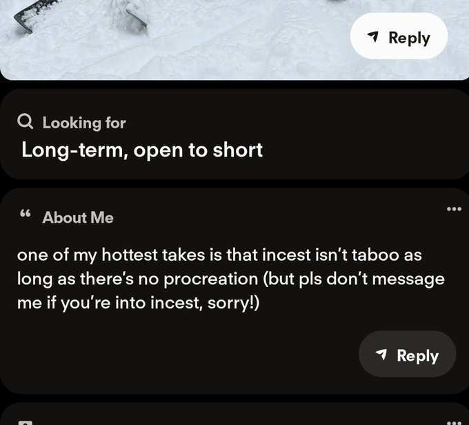 A dating app profile's 'About Me' section reads: 'one of my hottest takes is that incest isn't taboo as long as there's no procreation (but pls don't message me if you're into incest, sorry!)'.