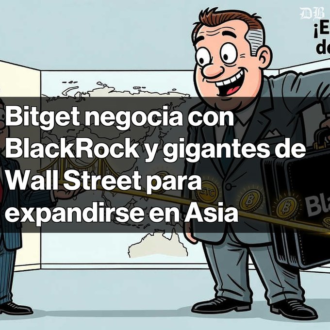 A cartoon illustration of a businessman with a briefcase full of Bitcoin coins alongside Spanish text reading 'Bitget negocia con BlackRock y gigantes de Wall Street para expandirse en Asia'.