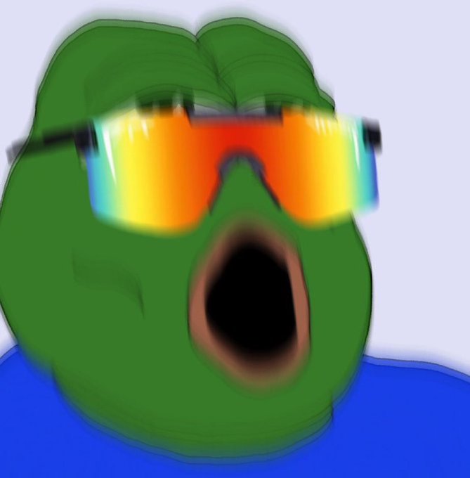 A digital drawing of a green Pepe the Frog meme character wearing a blue shirt and large, colorful, iridescent shutter-shade sunglasses, with its mouth wide open.