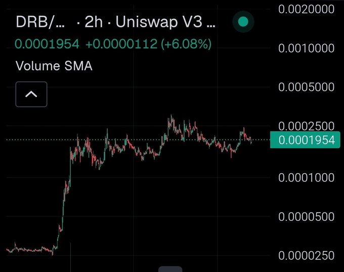 A cryptocurrency price chart shows DRB on Uniswap V3 at 0.0001954, up +0.0000112 (+6.08%), with a 2-hour candlestick graph displaying a significant price pump.
