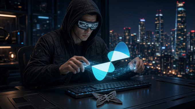 A hooded figure wearing futuristic LED glasses interacting with a holographic blue butterfly display over a keyboard in a cyberpunk-style setting with a city skyline at night.