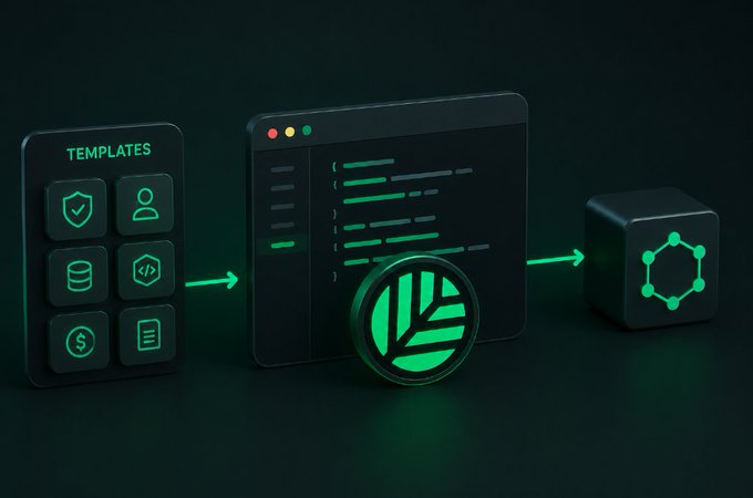 A dark-themed digital illustration showing a workflow from a 'TEMPLATES' panel with various icons flowing into a code editor window and finally to a cube icon.
