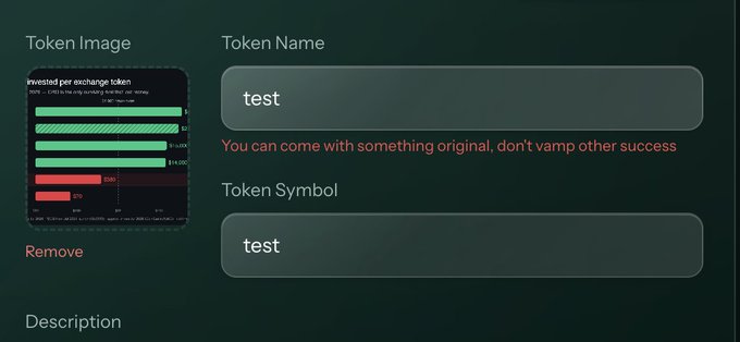 A web interface for creating a token with a bar chart labeled 'invested per exchange token' and input fields for 'Token Name' and 'Token Symbol', both filled with 'test', with a warning message 'You can come with something original, don't camp other success'.