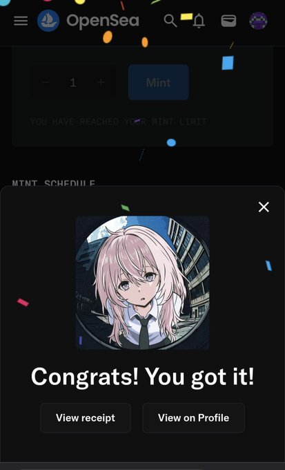 An OpenSea mobile app screenshot displaying a successful NFT mint confirmation with the message 'Congrats! You got it!' featuring an anime-style character artwork.