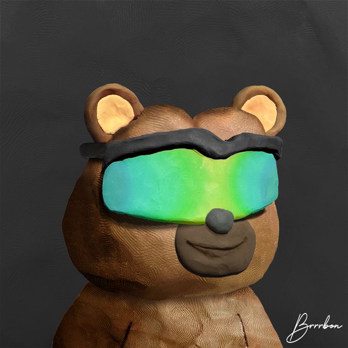 A 3D-rendered brown bear figurine wearing iridescent green visor sunglasses appears as a NFT profile picture, with the artist's signature "Brribbon" visible in the corner, reflecting the creator's enthusiasm for the "Clay StonKz" NFT collection they hope to promote.