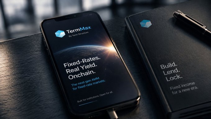 A mockup of a smartphone displaying 'TermMax by Term Structure' with the text 'Fixed-Rates. Real Yield. Onchain.' and 'The next-gen AMM for fixed-rate markets,' next to a black notebook reading 'Build. Lend. Lock. Fixed income for a new era.'