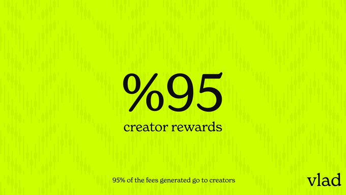 The image features bold black text on a bright yellow-green background reading "%95 creator rewards" with smaller text below stating "95% of the fees generated go to creators," alongside the "vlad" logo in the bottom right corner.

The graphic visually reinforces the post's announcement of zero platform fees, highlighting that creators keep 95% of fees from launching coins on Vlad, with only 5% going to Doppler for the underlying tech.
