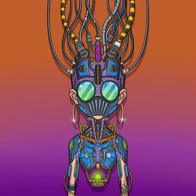 A colorful cartoon-style cyborg character with green visor goggles, mechanical parts, wires extending from its head, and hoop earrings, set against an orange-to-purple gradient background.