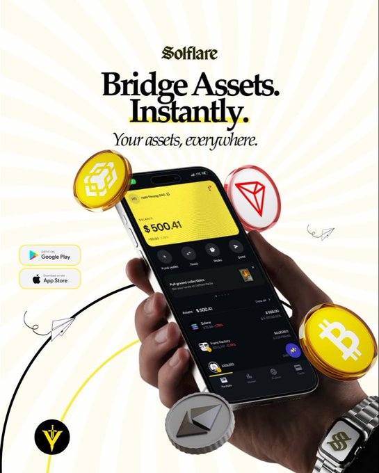 A promotional ad for Solflare with the text 'Bridge Assets. Instantly. Your assets, everywhere.' showing a hand holding a phone with the Solflare app, surrounded by cryptocurrency coins including BNB, TRX, BTC, ETH, and SOL.