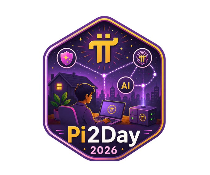 Hexagonal purple badge titled 'Pi2Day 2026' depicting a person working on a Pi laptop connected to security and AI nodes against a city skyline.