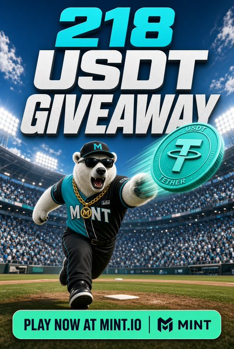 A promotional advertisement for a '218 USDT GIVEAWAY' featuring an animated bear mascot wearing sunglasses, a gold chain, and a 'MINT' jersey, tossing a Tether coin on a baseball field, with the call-to-action 'PLAY NOW AT MINT.IO'.