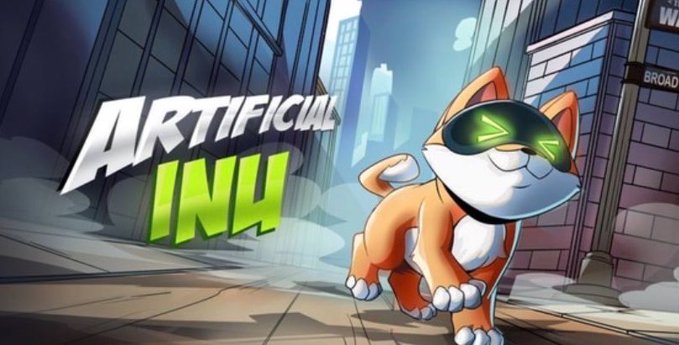 A digital graphic reads 'ARTIFICIAL INU' next to a cartoon Shiba Inu dog wearing glowing green sunglasses, set against a city backdrop with a 'BROAD' street sign.