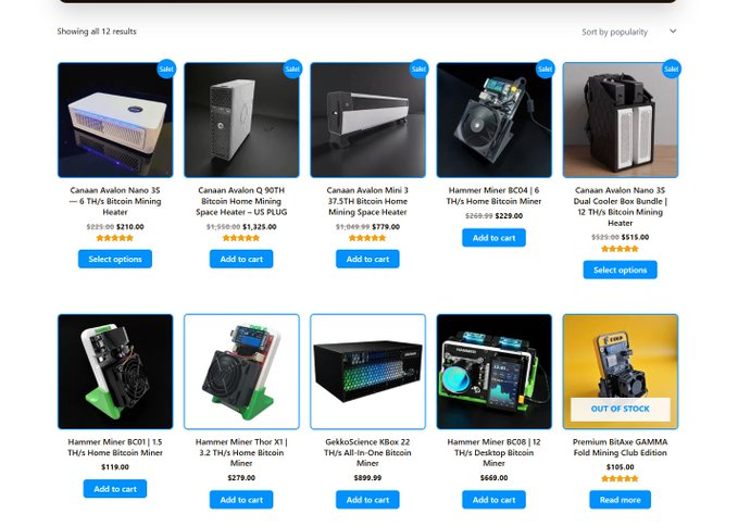 An e-commerce webpage displaying Bitcoin mining heaters from Canaan Avalon, Hammer Miner, GekoScience, and Premium BitAve, with prices listed and 'Add to cart' buttons.