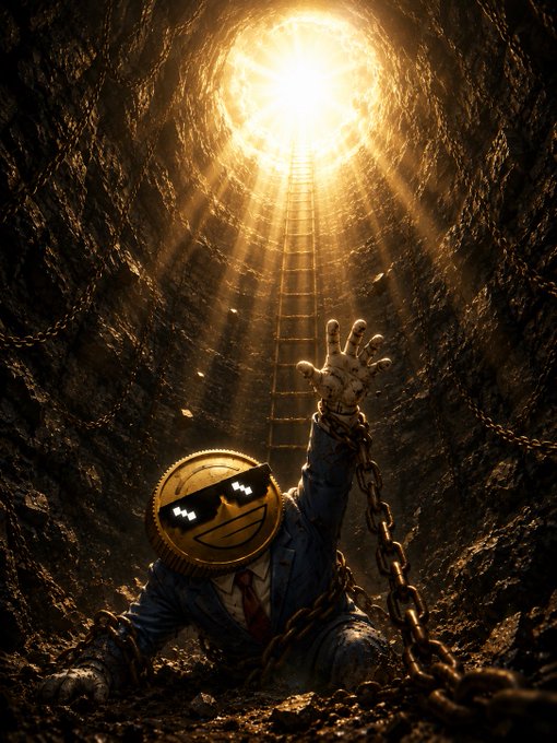 The image features a man dressed as a businessman, chained down with chains around his neck and legs, sitting in a dark cave or tunnel. The caption above him reads "Even in the darkest moments, if you look up, you’ll still see rays of boundless light." This message is related to the post because it suggests that even during difficult times, there is always hope and light shining through, just like the sun shining from a hole or tunnel. The chained man symbolizes being trapped in challenging circumstances, but the message encourages perseverance and faith in brighter days ahead.