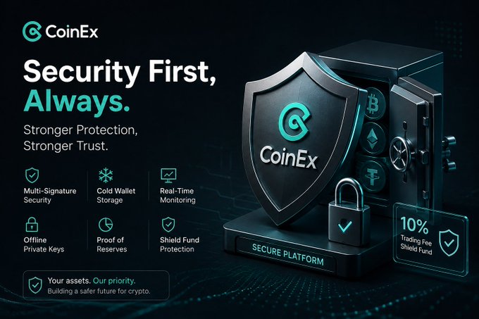 A CoinEx promotional graphic highlights their enhanced security infrastructure following their 2023 incident, featuring key features like Multi-Signature Security, Cold Wallet Storage, Real-Time Monitoring, Offline Private Keys, Proof of Reserves, and Shield Fund Protection, along with their 10% Trading Fee Shield Fund. The image reinforces the post's point about CoinEx's security improvements, visually presenting the protective measures they implemented to rebuild trust.