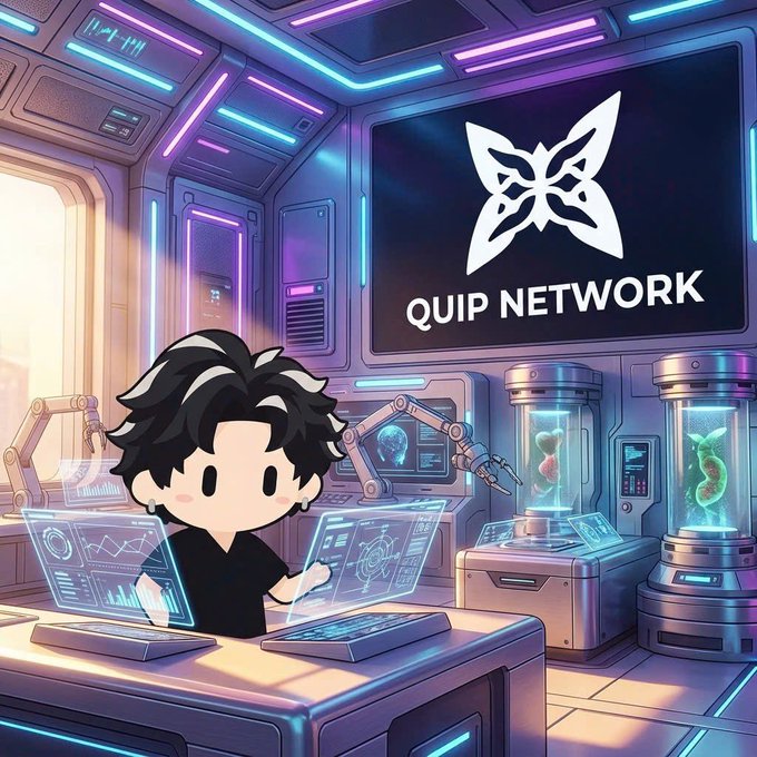 An illustrated cartoon-style image of a dark-haired character working at holographic computer terminals in a futuristic sci-fi lab, with the "QUIP NETWORK" logo displayed on a large screen in the background.