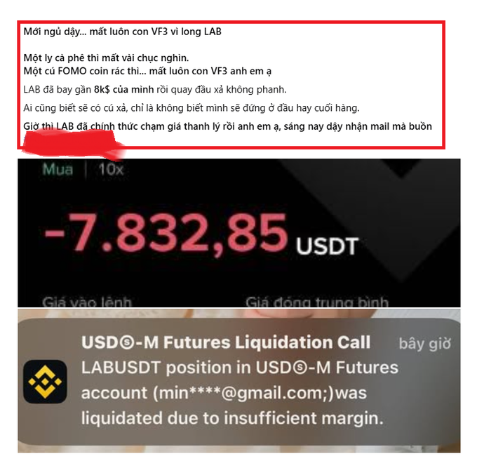 A Vietnamese social media post complaining about a crypto loss ('Mới ngủ dậy... mất luôn con VF3 vì long LAB'), showing a loss of -7,832.85 USDT and a Binance liquidation notice for 'LABUSDT'.