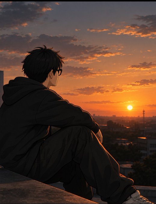 An anime-style illustration depicts a young man with glasses and a black hoodie sitting on a rooftop, gazing out over a cityscape at sunset.