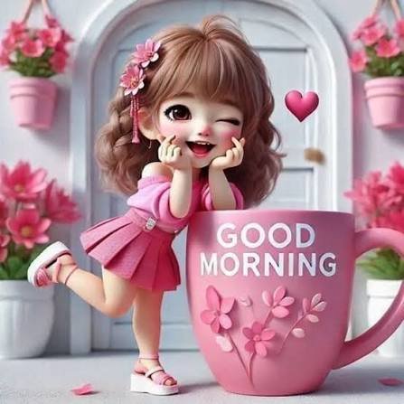 A 3D cartoon-style illustration of a smiling girl in a pink dress leaning on a large pink mug with 'GOOD MORNING' written on it, surrounded by pink flowers and butterflies.