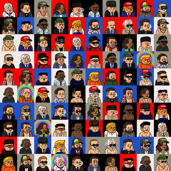 A grid of cartoon-style NFT avatars with exaggerated features (many resembling Donald Trump, Elon Musk, and Kanye West) appears against red, blue, and black backgrounds, with several characters wearing "MAGA" hats — illustrating the post's mention of mint-day bot activity overwhelming a crypto/NFT drop that the author is filtering out.