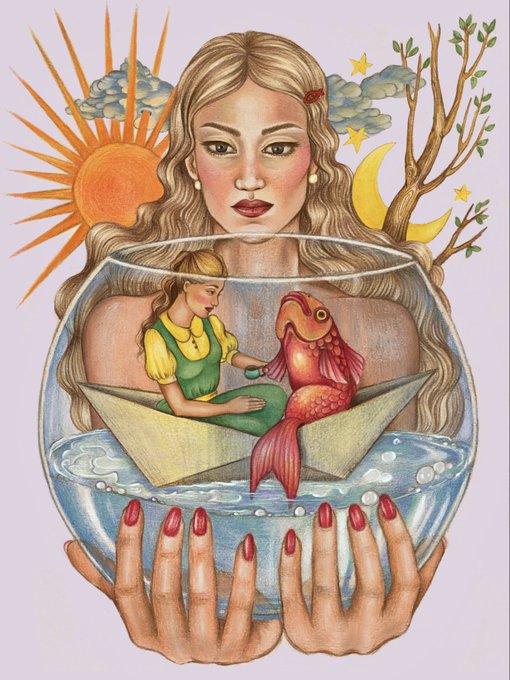 A surreal illustration of a blonde woman holding a fishbowl that contains a miniature scene of a girl in a paper boat interacting with a red fish, with sun, moon, and tree symbols framing her head.