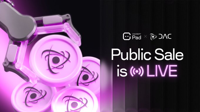 A robotic hand holds glowing purple coins featuring the DAC logo alongside text announcing that the "Public Sale is LIVE," promoted by ChainGPT Pad × DAC. The image visually reinforces the post's message about $DACT's no-tier, KYC-only public sale hosted on ChainGPT Pad.