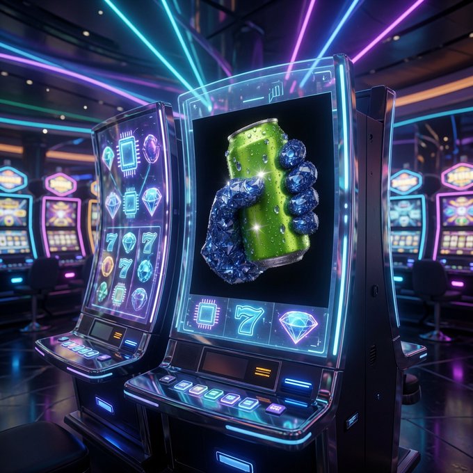 A digital illustration of a neon-lit slot machine featuring a metallic blue robotic fist gripping a green can, with the number 7 and diamond symbols visible on the display.