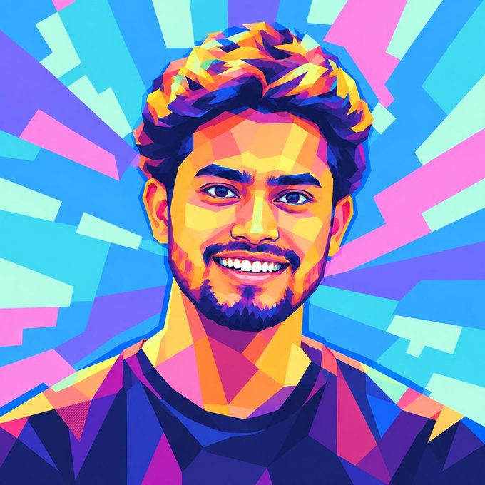 A colorful, geometric pop-art style digital portrait of a smiling young man with a beard against a vibrant background of blue, pink, and teal fragmented shapes.