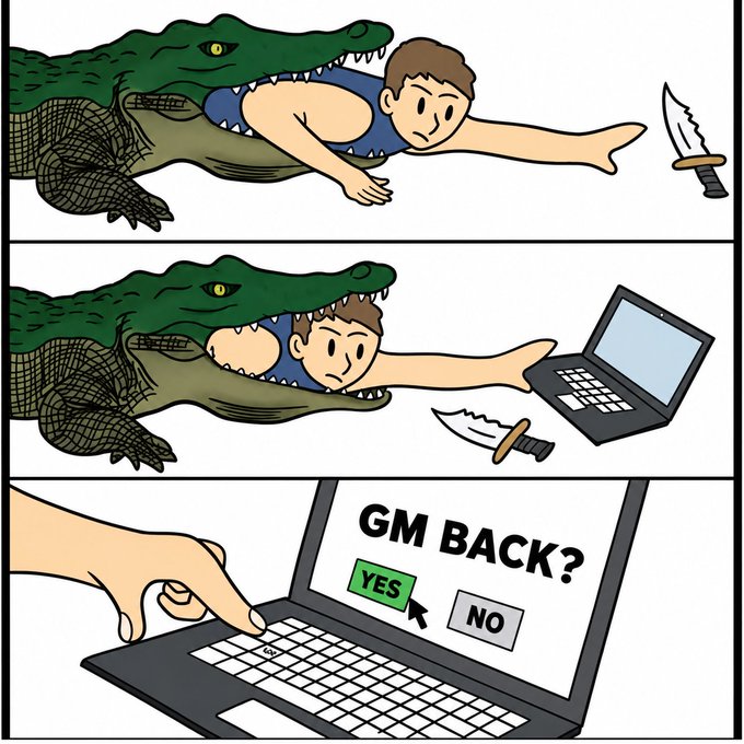 Three-panel comic showing a man in an alligator's mouth reaching for a knife, then a laptop, and finally clicking 'YES' on a 'GM BACK?' prompt.
