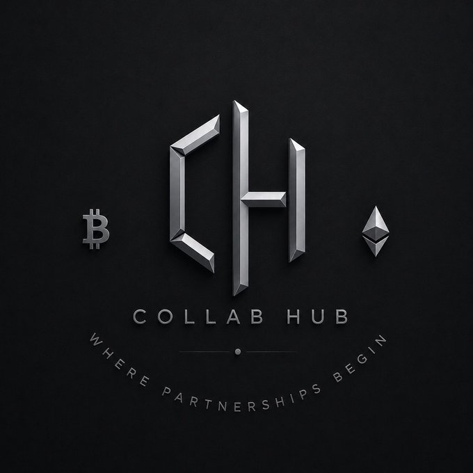 A sleek logo design featuring the metallic silver letters "CH" with the text "COLLAB HUB" and tagline "WHERE PARTNERSHIPS BEGIN," flanked by Bitcoin (₿) and Ethereum (Ξ) symbols on a dark background—visually representing the post's vision of a cross-chain, invitation-only network uniting professional community managers across Web3 ecosystems.