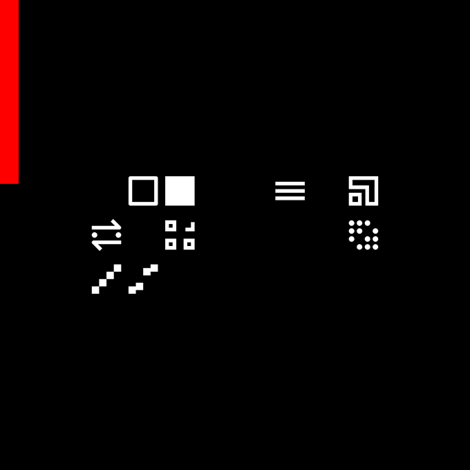 A black background displaying a row of white UI icons including geometric shapes, a list symbol, and grid patterns, with a red vertical bar on the left edge.