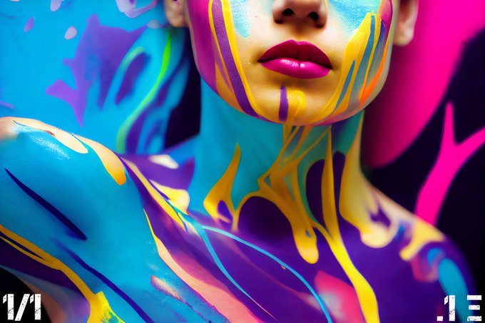 A vibrant body-paint art photograph featuring a person's face and torso painted with bright blue, yellow, purple, and pink streaks, with "1/1" visible in the corner.